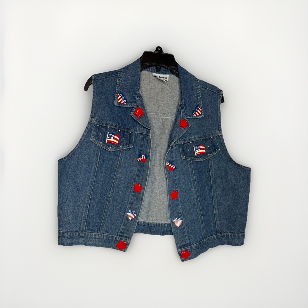 Vtg Lori Lundon Denim Patriotic Vest Embroidered Upcycled Flag Star Size L USA